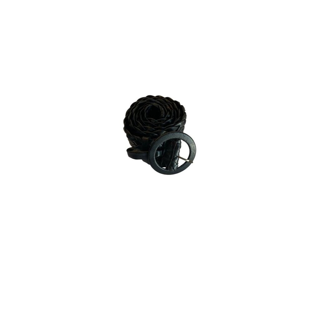 Black Braided Leather Belt With Round Buckle